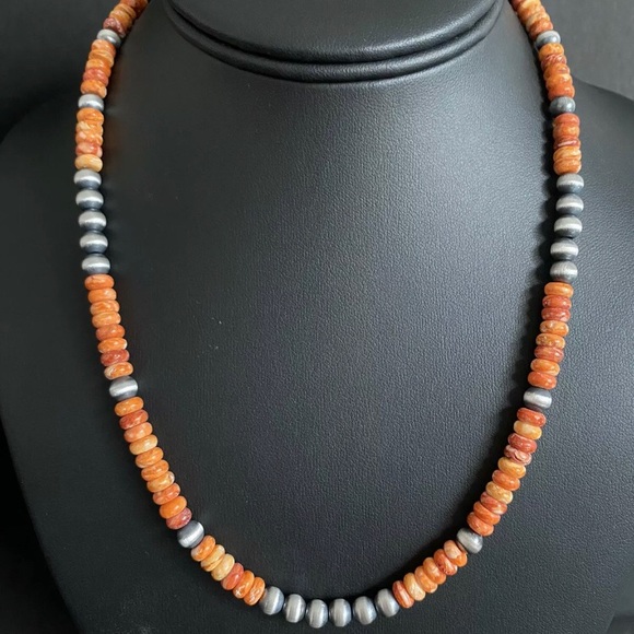 Sterling Silver Orange Spiny Oyster W Pearls Bead Necklace. 20 inch